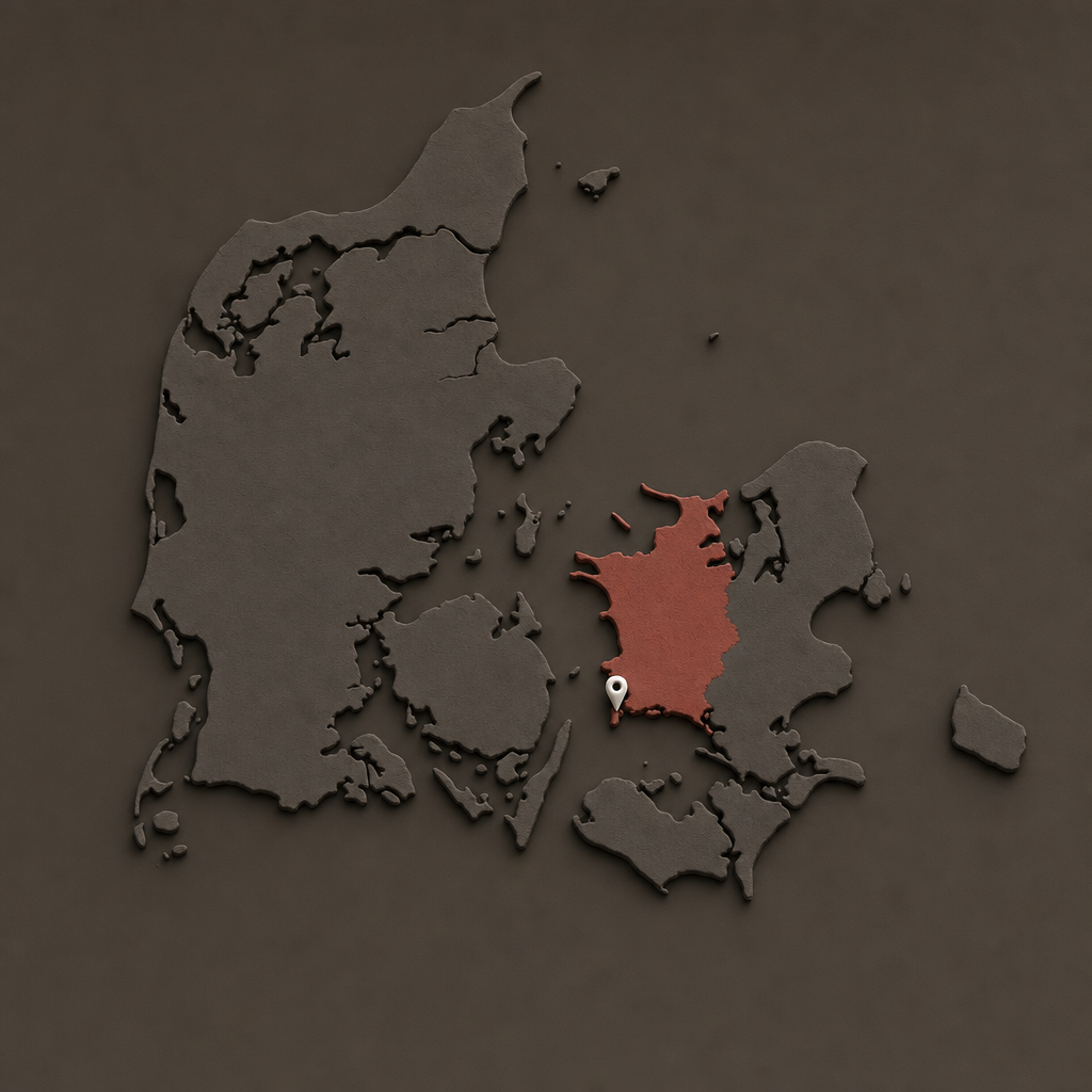 Kort over Danmark, hvor Vestsjælland er fremhævet med rødt og Korsør markeret