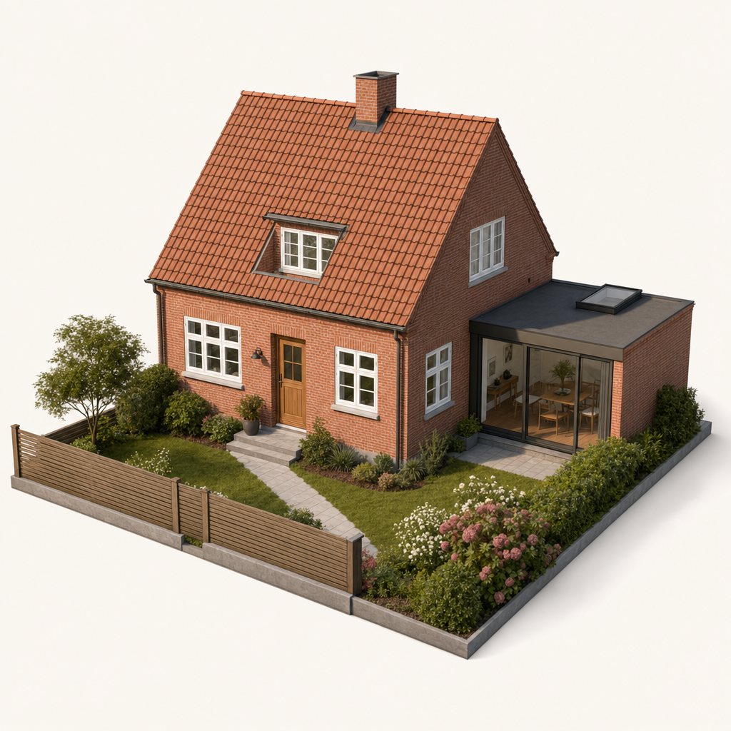 Illustration af et klassisk murermesterhus med tag, vinduer, tilbygning, hegn og have